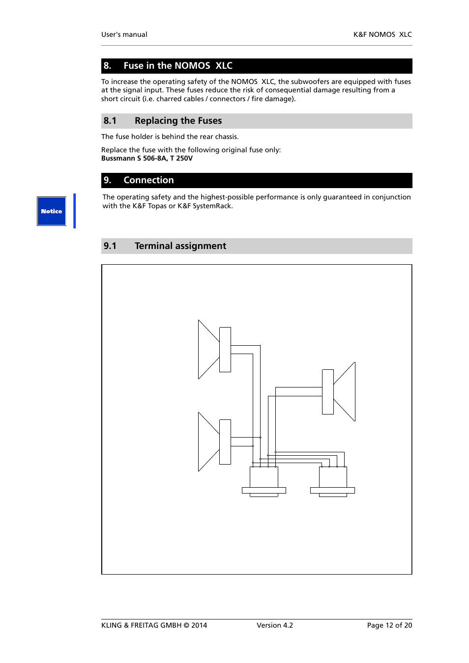 Fuse in the nomos xlc, Replacing the fuses, Connection | Terminal assignment, Cabling a k&f system rack | KLING & FREITAG K&F NOMOS XLC User Manual | Page 12 / 20