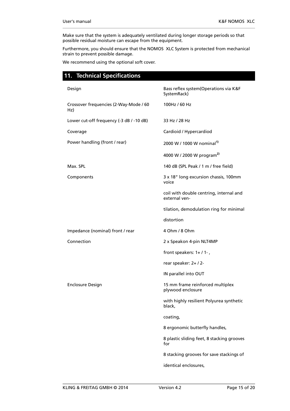 Technical specifications | KLING & FREITAG K&F NOMOS XLC User Manual | Page 15 / 20