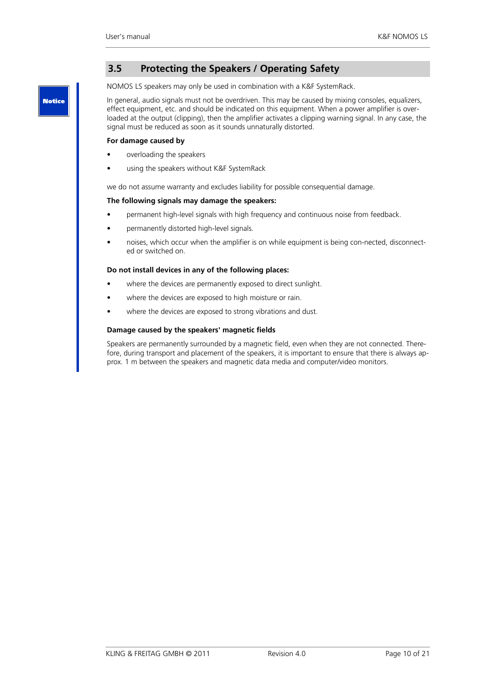 5 protecting�the�speakers�/�operating�safety | KLING & FREITAG K&F NOMOS LS User Manual | Page 10 / 21