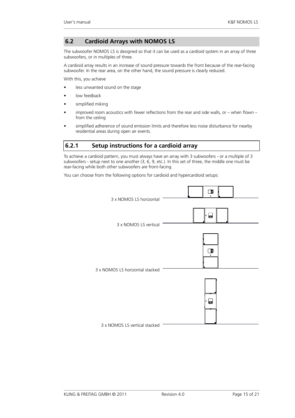 Cardioid arrays with nomos ls, Setup instructions for a cardioid array, 2 cardioid�arrays�with�nomos�ls | 1 setup�instructions�for�a�cardioid�array | KLING & FREITAG K&F NOMOS LS User Manual | Page 15 / 21