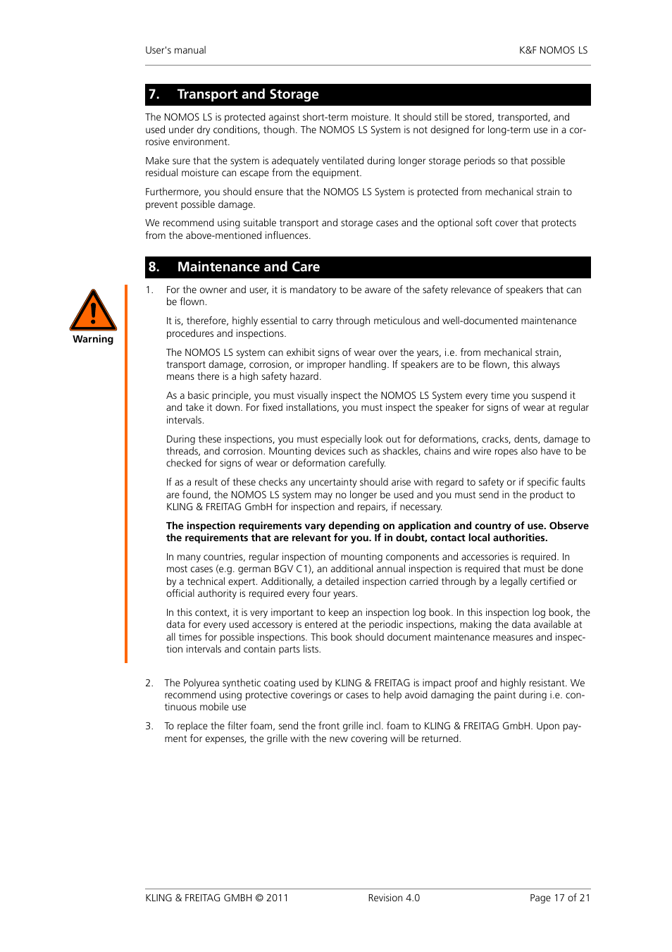 Transport and storage, Maintenance and care, Transport�and�storage | Maintenance�and�care | KLING & FREITAG K&F NOMOS LS User Manual | Page 17 / 21