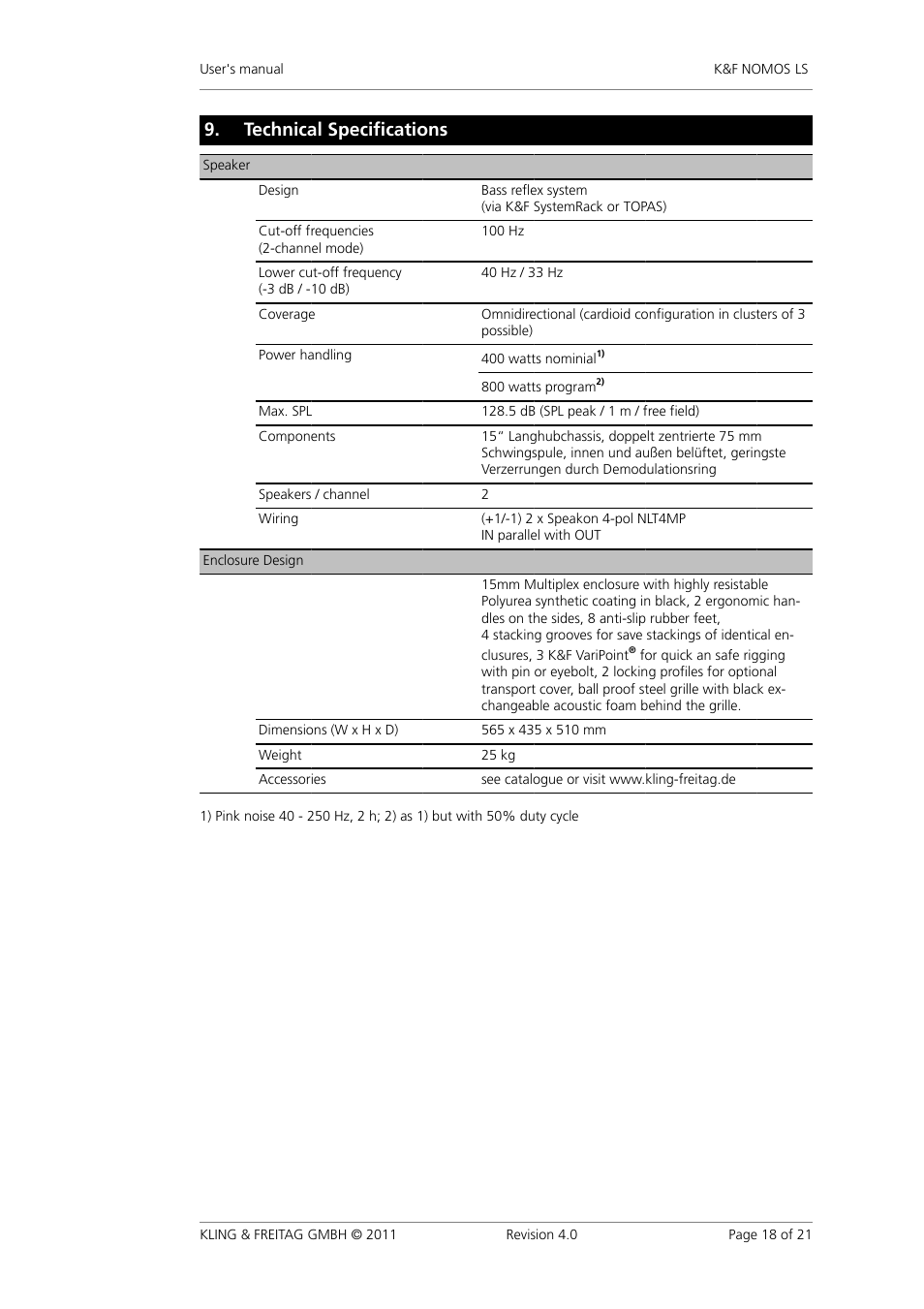 Technical specifications, Technical�specifications | KLING & FREITAG K&F NOMOS LS User Manual | Page 18 / 21