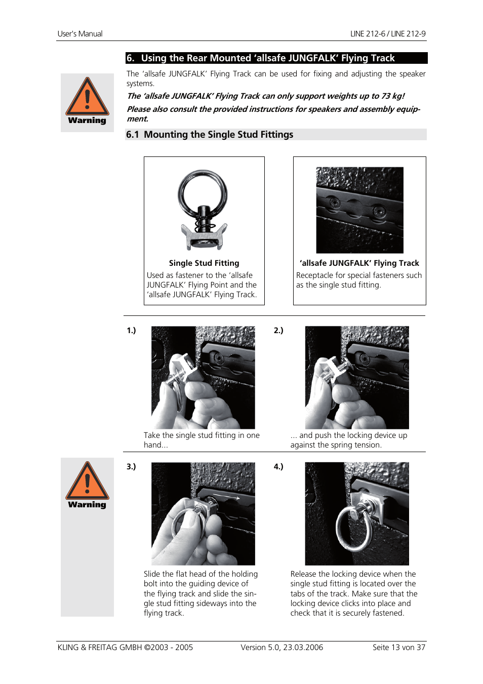 Using the rear mounted ‘allsafe jungfalk’ flying, Mounting the single stud fittings | KLING & FREITAG K&F Line 212-9 User Manual | Page 13 / 37