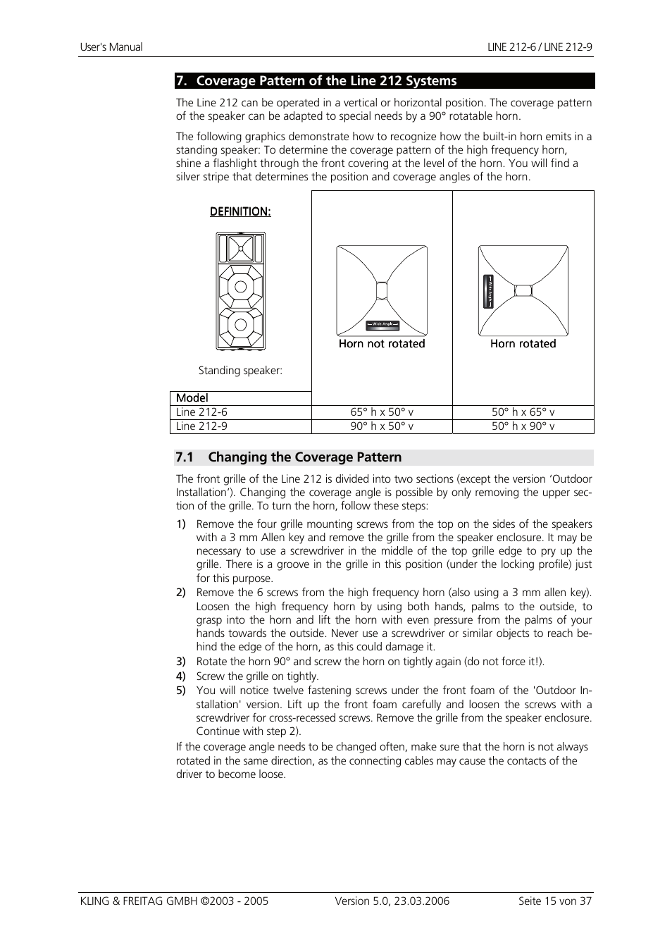 Coverage pattern of the line 212 systems, Changing the coverage pattern | KLING & FREITAG K&F Line 212-9 User Manual | Page 15 / 37