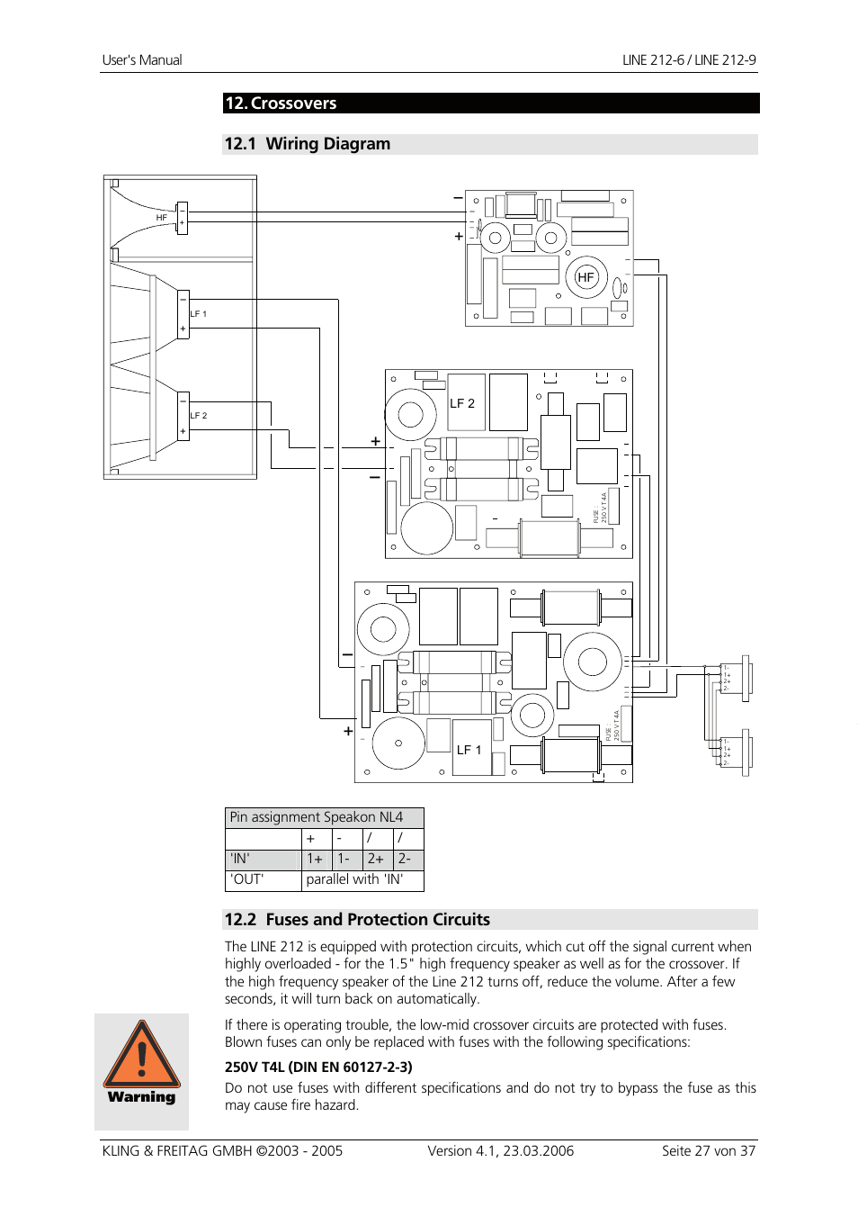 Crossovers, Wiring diagram, Fuses and protection circuits | Crossovers 27, 1 wiring diagram, 2 fuses and protection circuits | KLING & FREITAG K&F Line 212-9 User Manual | Page 27 / 37