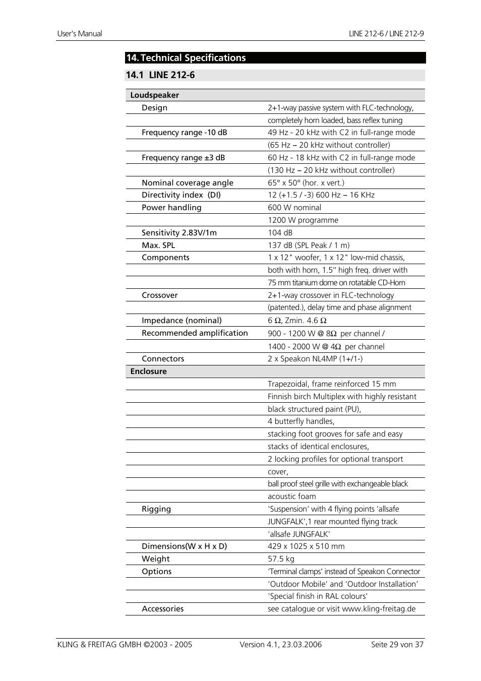 Technical specifications, Line 212-6 | KLING & FREITAG K&F Line 212-9 User Manual | Page 29 / 37