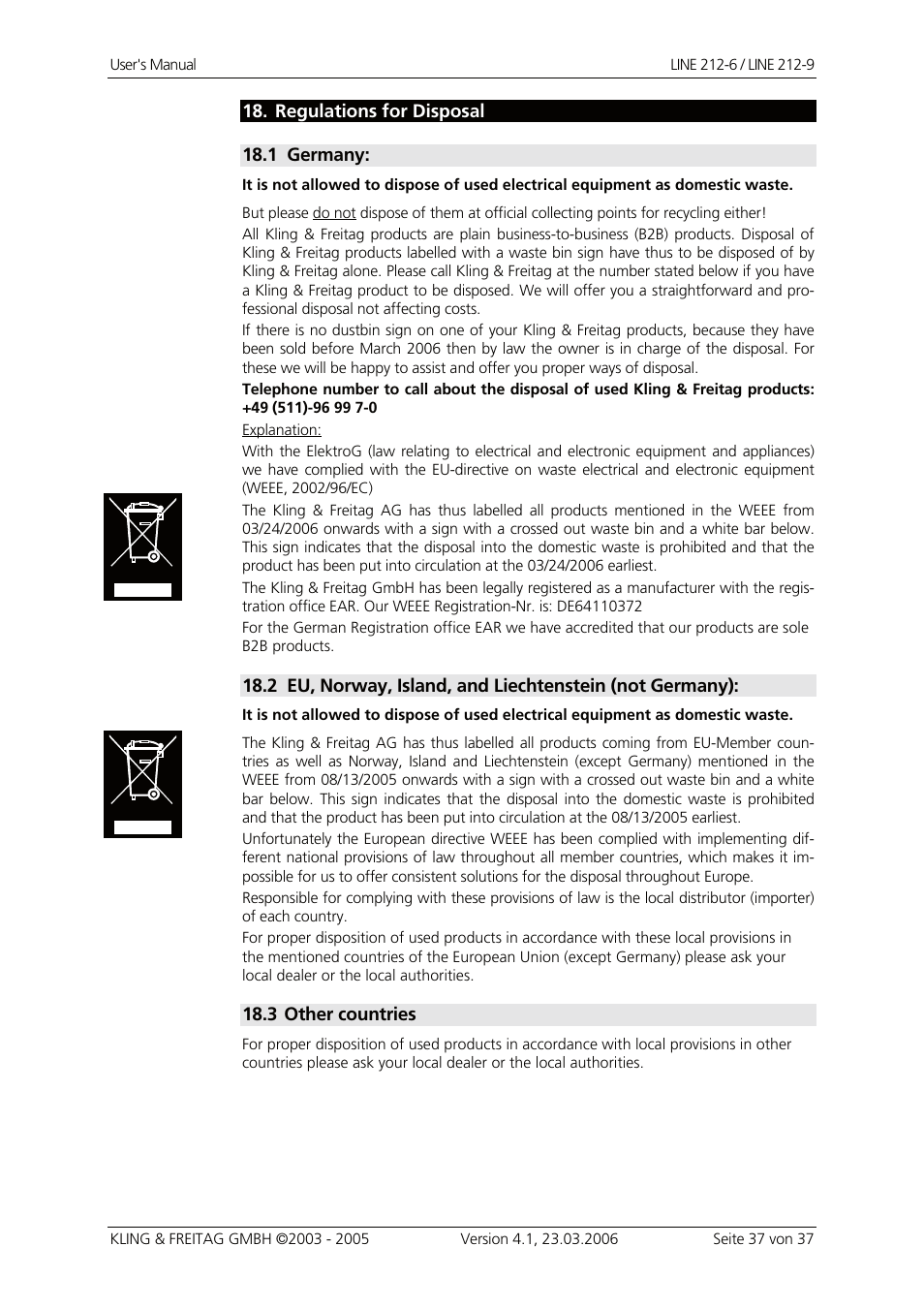 Regulations for disposal, Germany, Other countries | Germany: 37 | KLING & FREITAG K&F Line 212-9 User Manual | Page 37 / 37