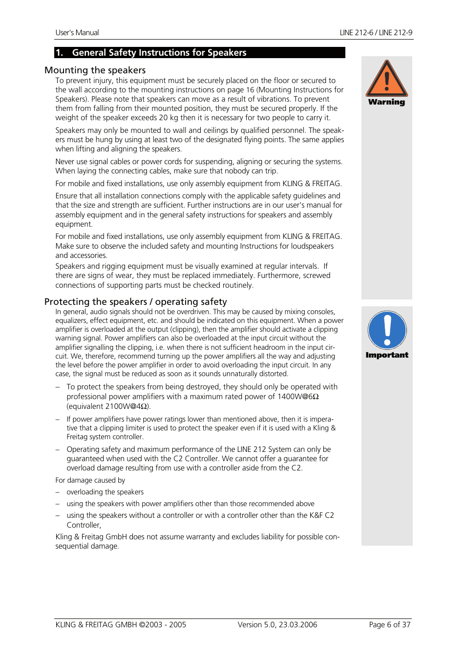 General safety instructions for speakers | KLING & FREITAG K&F Line 212-9 User Manual | Page 6 / 37
