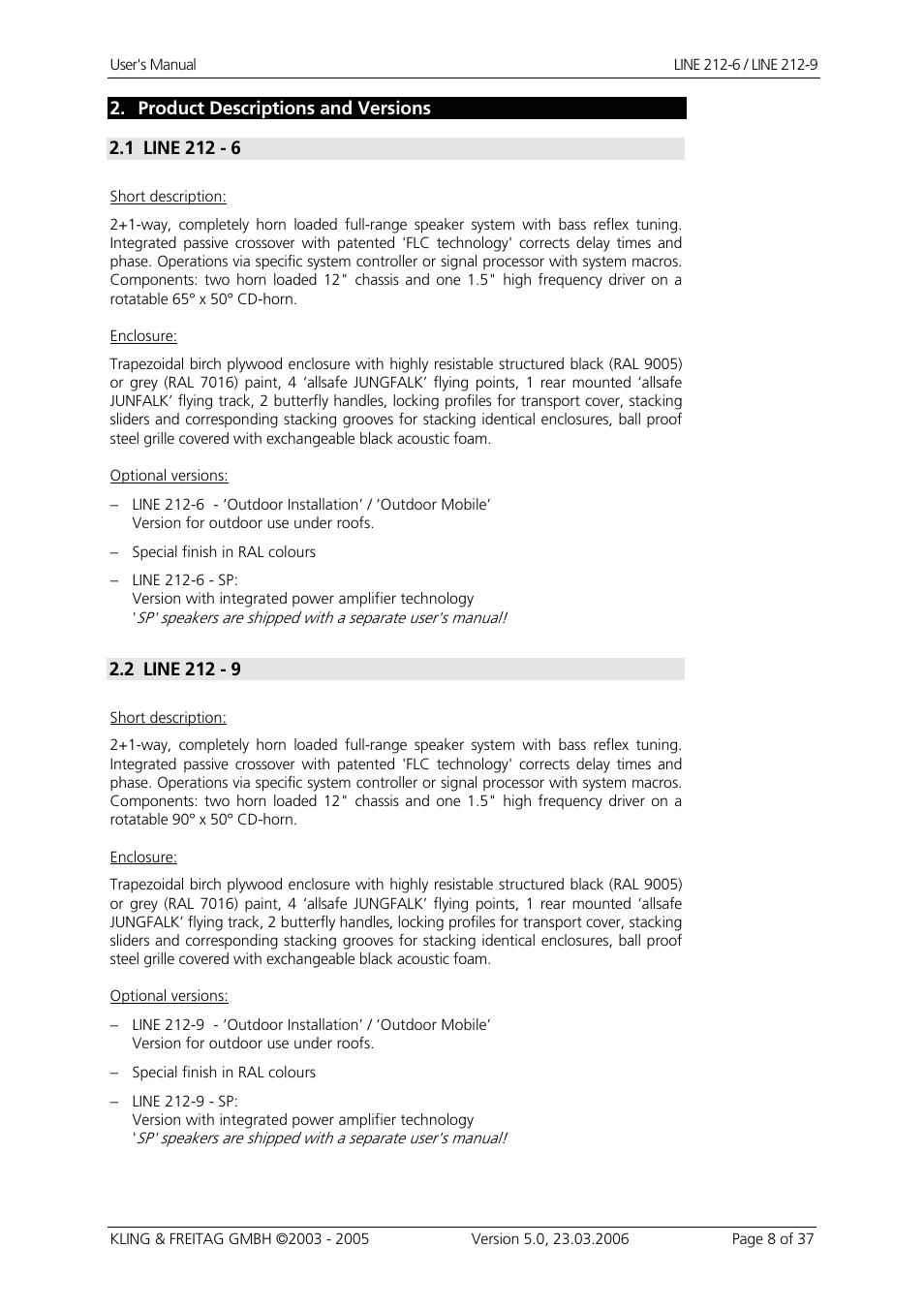 Product descriptions and versions, Line 212 - 6, Line 212 - 9 | KLING & FREITAG K&F Line 212-9 User Manual | Page 8 / 37