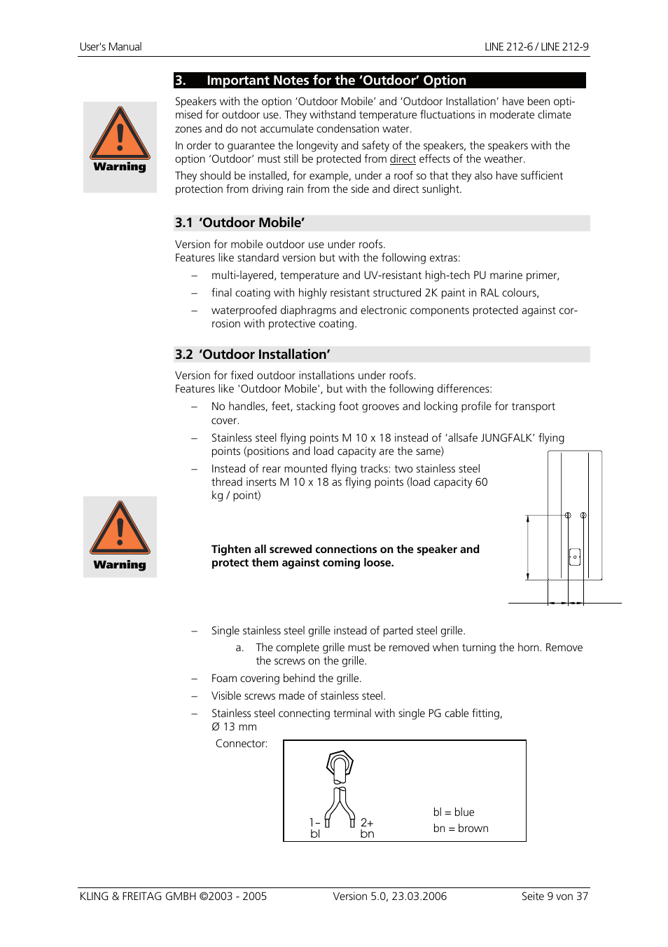 Important notes for the ‘outdoor’ option, Outdoor mobile, Outdoor installation | KLING & FREITAG K&F Line 212-9 User Manual | Page 9 / 37