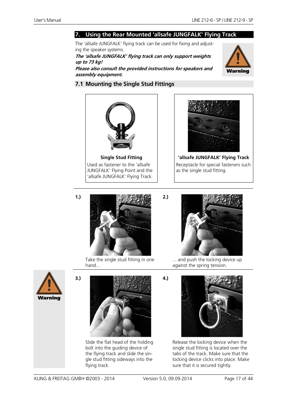 1 mounting the single stud fittings | KLING & FREITAG K&F Line 212-9 - SP User Manual | Page 17 / 44