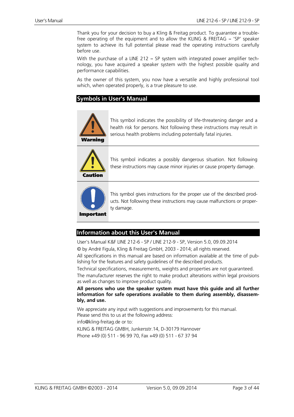 Symbols in user's manual, Information about this user's manual | KLING & FREITAG K&F Line 212-9 - SP User Manual | Page 3 / 44