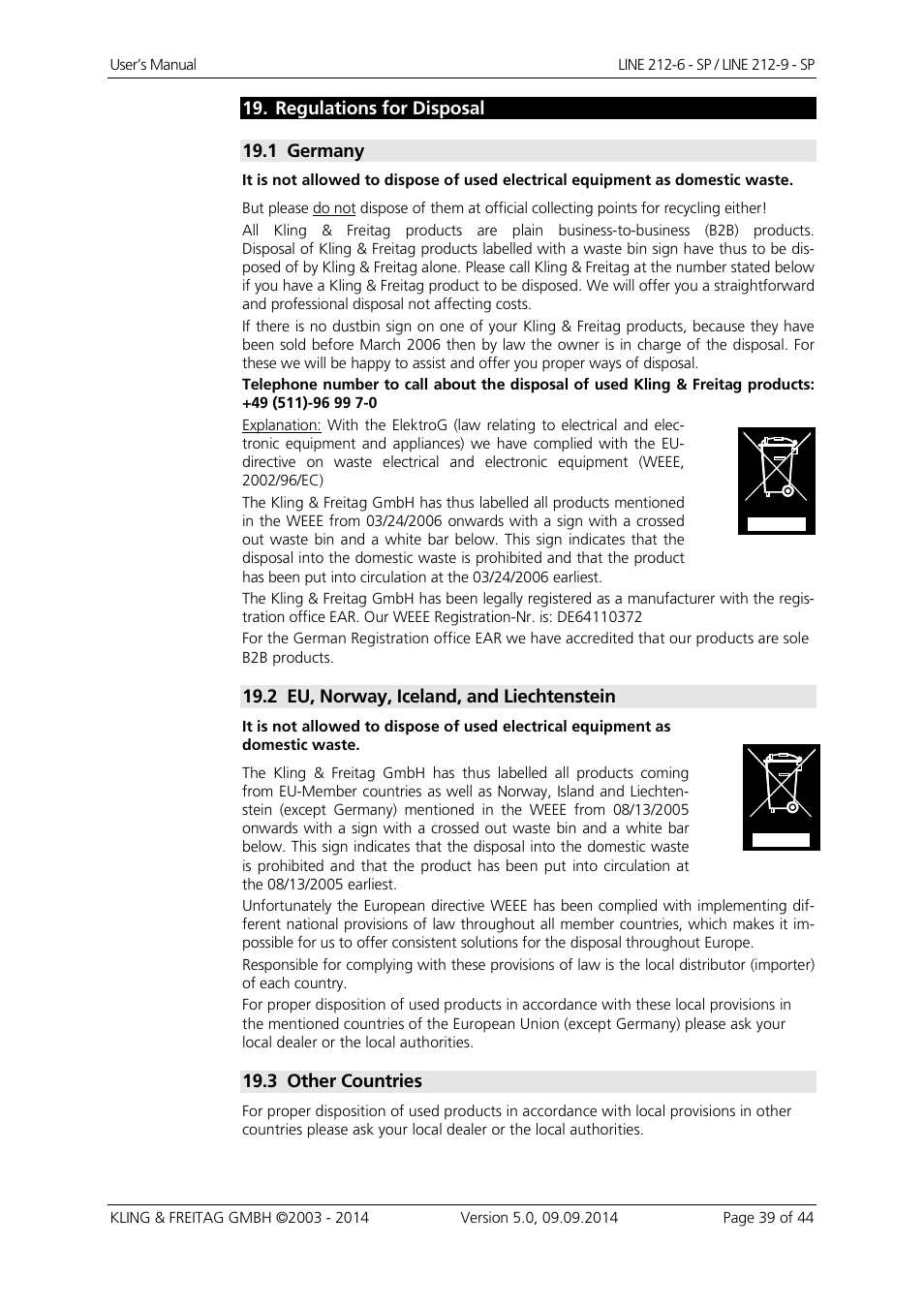 Regulations for disposal, 1 germany, 2 eu, norway, iceland, and liechtenstein | 3 other countries | KLING & FREITAG K&F Line 212-9 - SP User Manual | Page 39 / 44