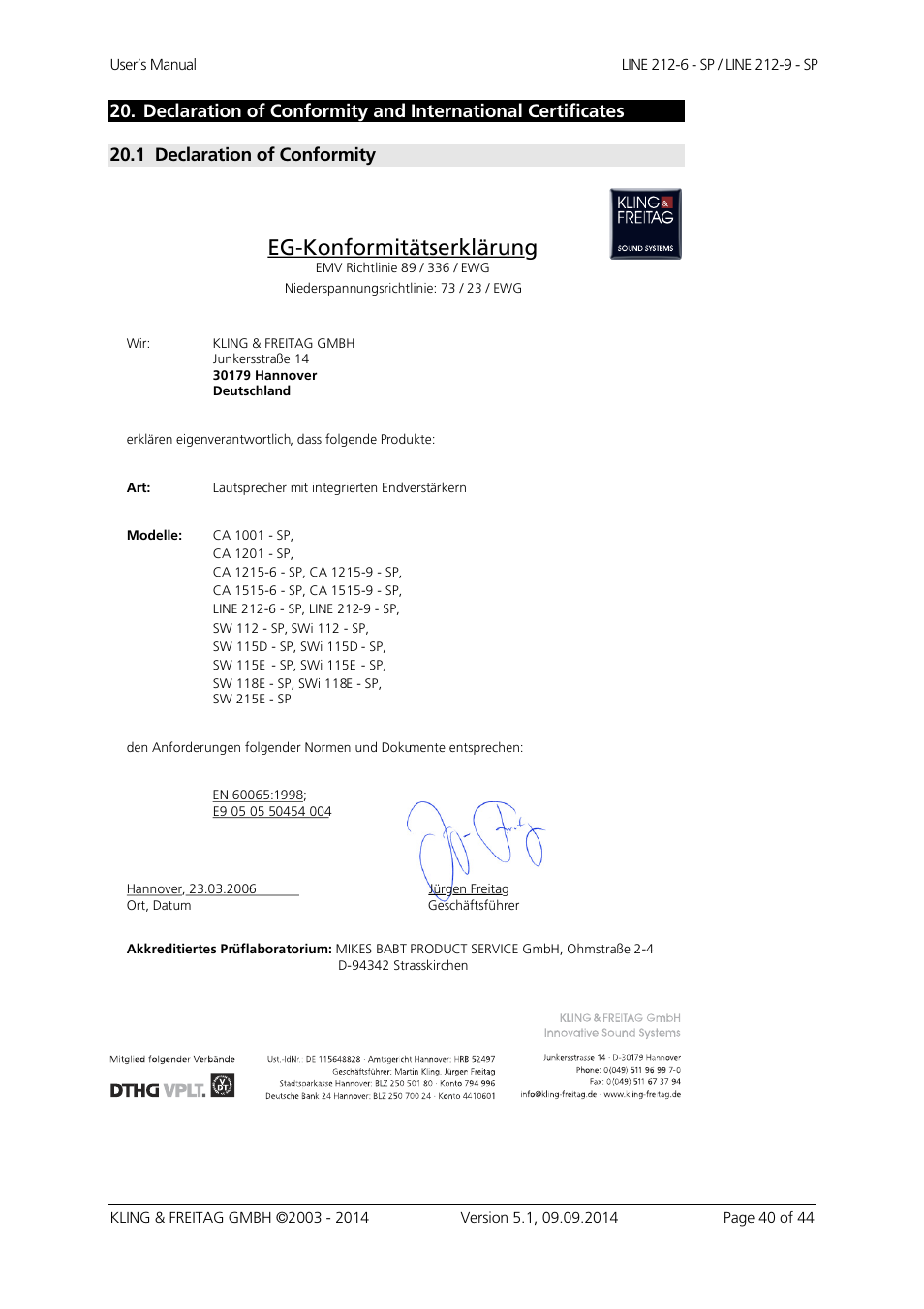 Eg-konformitätserklärung, 1 declaration of conformity | KLING & FREITAG K&F Line 212-9 - SP User Manual | Page 40 / 44
