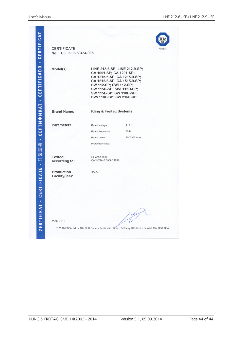 KLING & FREITAG K&F Line 212-9 - SP User Manual | Page 44 / 44