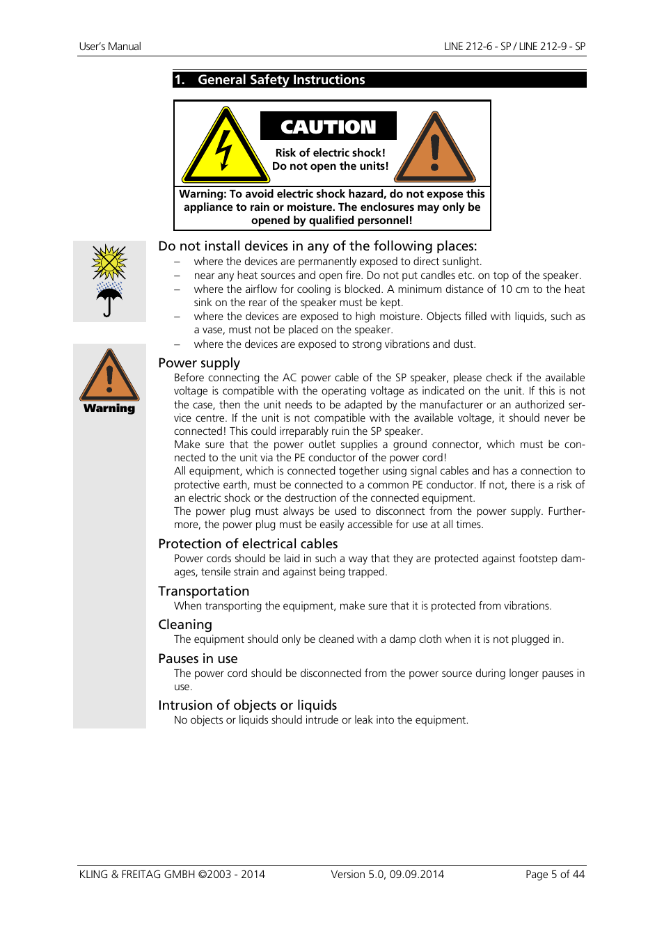 Caution | KLING & FREITAG K&F Line 212-9 - SP User Manual | Page 5 / 44