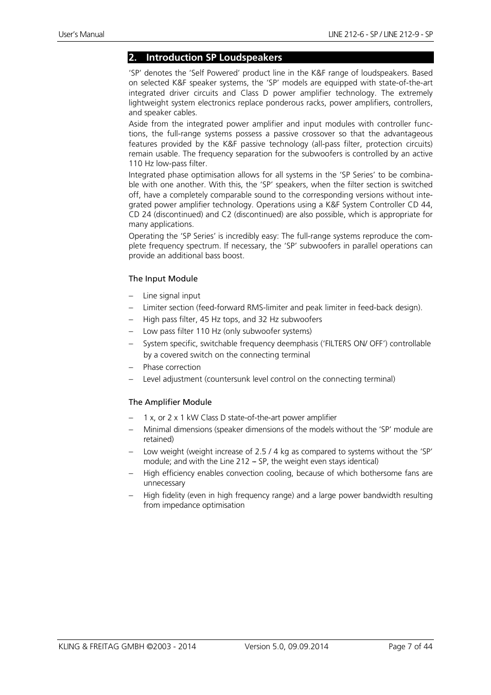 Introduction sp loudspeakers | KLING & FREITAG K&F Line 212-9 - SP User Manual | Page 7 / 44