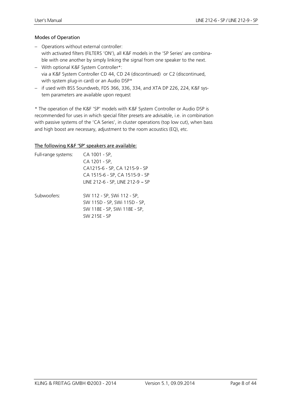 KLING & FREITAG K&F Line 212-9 - SP User Manual | Page 8 / 44