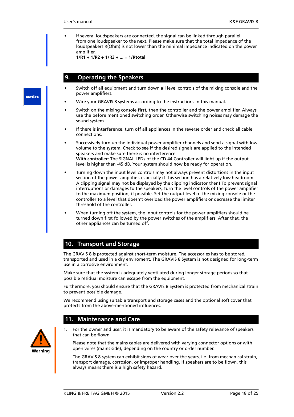 Operating the speakers, Transport and storage, Maintenance and care | KLING & FREITAG K&F GRAVIS 8 W User Manual | Page 18 / 25