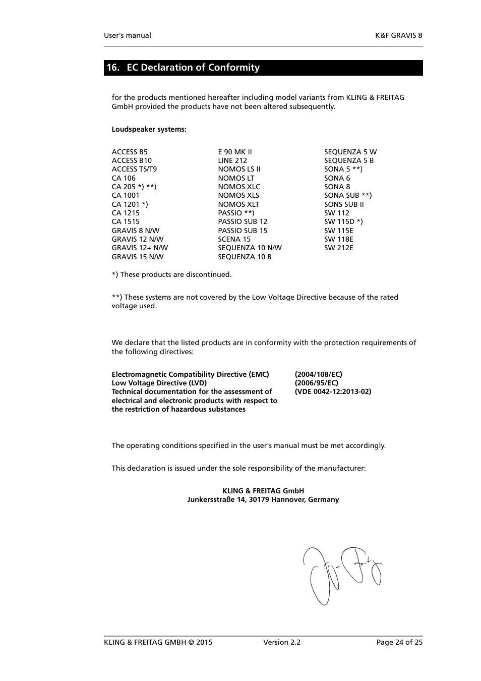 Ec declaration of conformity | KLING & FREITAG K&F GRAVIS 8 W User Manual | Page 24 / 25