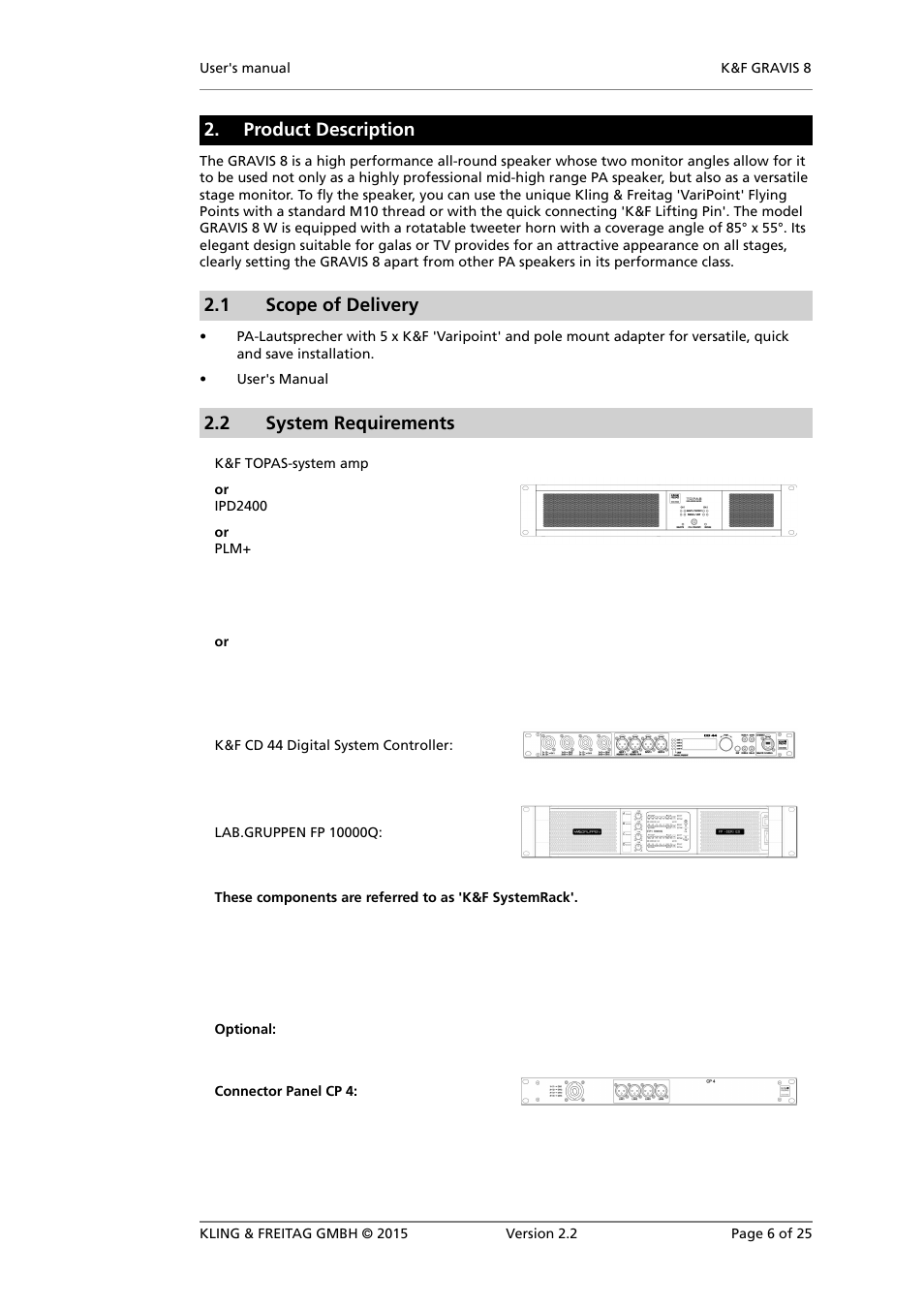 Product description, Scope of delivery, System requirements | Overview of components, 1 scope of delivery, 2 system requirements | KLING & FREITAG K&F GRAVIS 8 W User Manual | Page 6 / 25