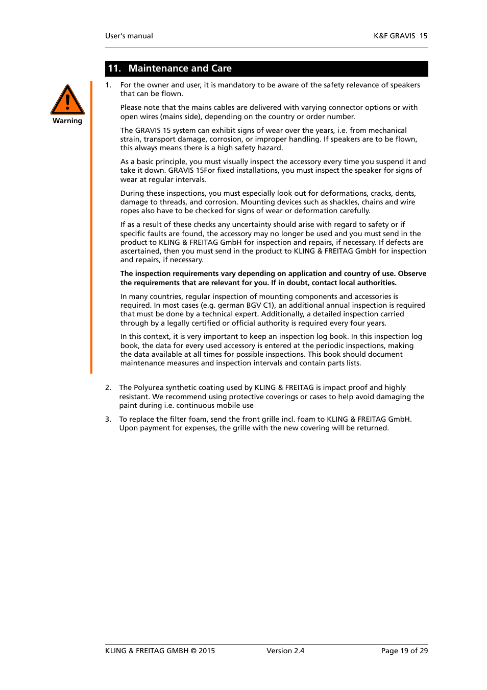 Maintenance and care | KLING & FREITAG K&F GRAVIS 15 XW User Manual | Page 19 / 29