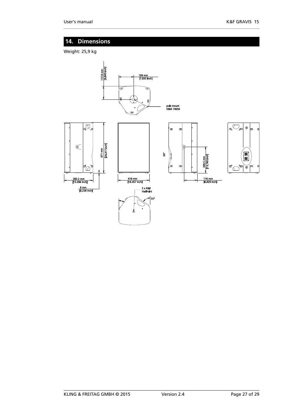 Dimensions | KLING & FREITAG K&F GRAVIS 15 XW User Manual | Page 27 / 29