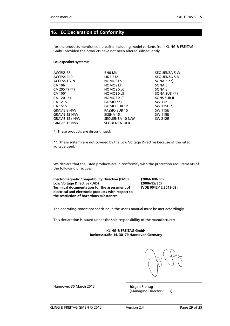 Ec declaration of conformity | KLING & FREITAG K&F GRAVIS 15 XW User Manual | Page 29 / 29