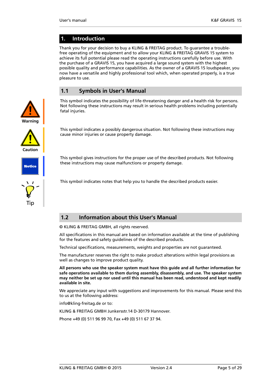 Introduction, Symbols in user's manual, Information about this user's manual | 1 symbols in user's manual, 2 information about this user's manual | KLING & FREITAG K&F GRAVIS 15 XW User Manual | Page 5 / 29