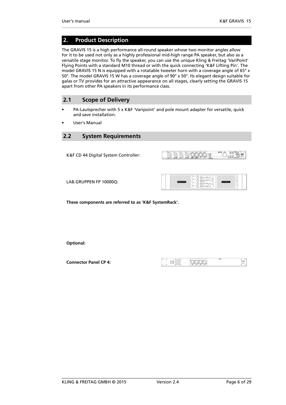 Product description, Scope of delivery, System requirements | Overview of components, 1 scope of delivery, 2 system requirements | KLING & FREITAG K&F GRAVIS 15 XW User Manual | Page 6 / 29