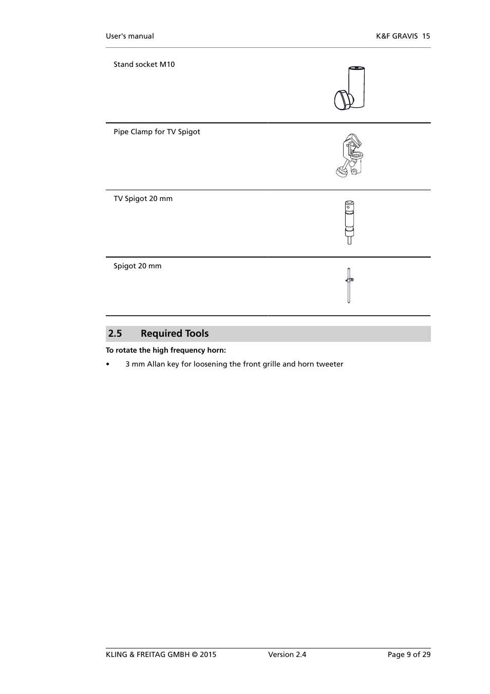 Required tools, 5 required tools | KLING & FREITAG K&F GRAVIS 15 XW User Manual | Page 9 / 29