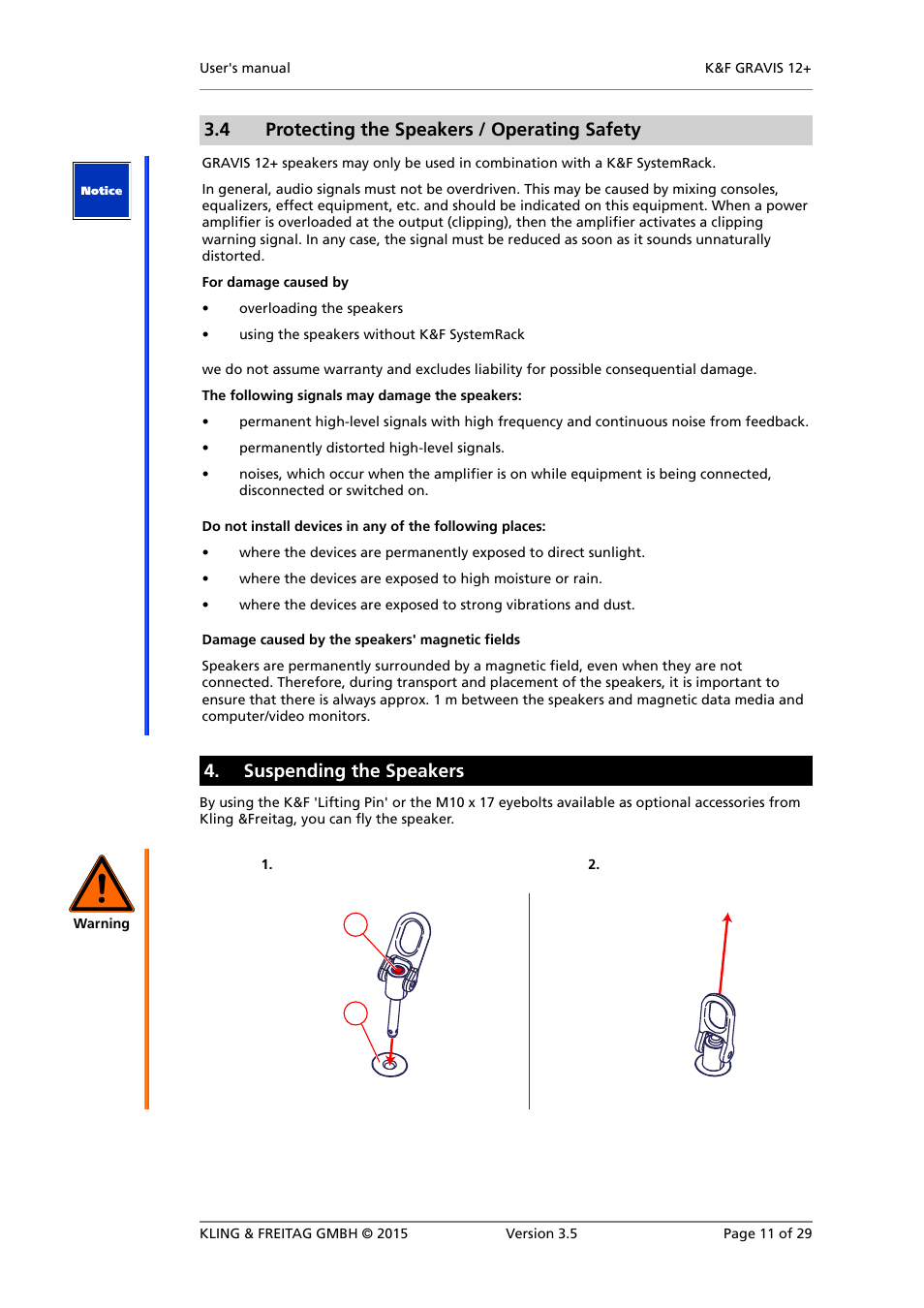 Suspending the speakers, 4 protecting the speakers / operating safety | KLING & FREITAG K&F GRAVIS 12+ XW User Manual | Page 11 / 29