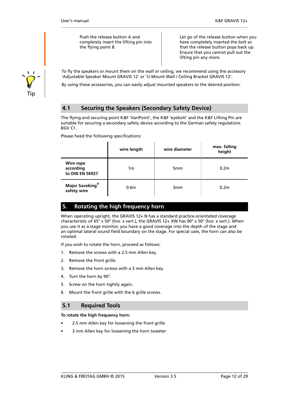 Securing the speakers (secondary safety device), Rotating the high frequency horn, Required tools | 1 securing the speakers (secondary safety device), 1 required tools | KLING & FREITAG K&F GRAVIS 12+ XW User Manual | Page 12 / 29