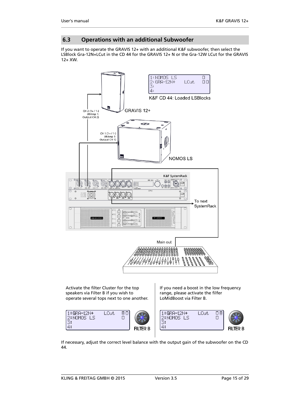 Operations with an additional subwoofer, Arrayed speaker (cluster), 3 operations with an additional subwoofer | KLING & FREITAG K&F GRAVIS 12+ XW User Manual | Page 15 / 29