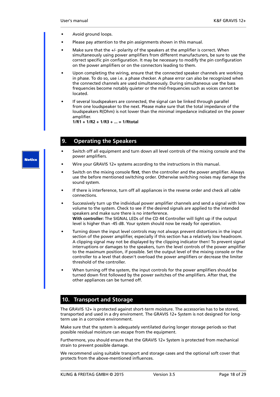 Operating the speakers, Transport and storage, Maintenance and care | KLING & FREITAG K&F GRAVIS 12+ XW User Manual | Page 18 / 29