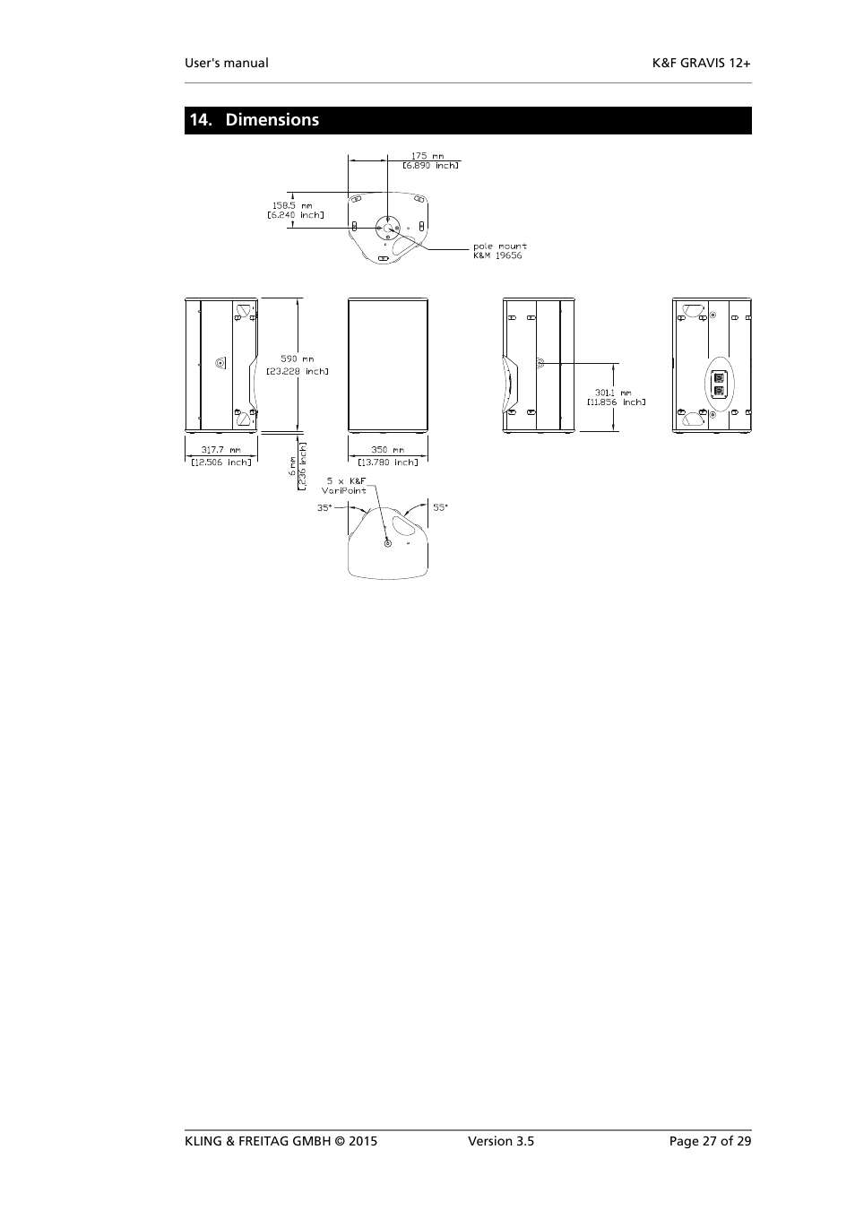 Dimensions | KLING & FREITAG K&F GRAVIS 12+ XW User Manual | Page 27 / 29