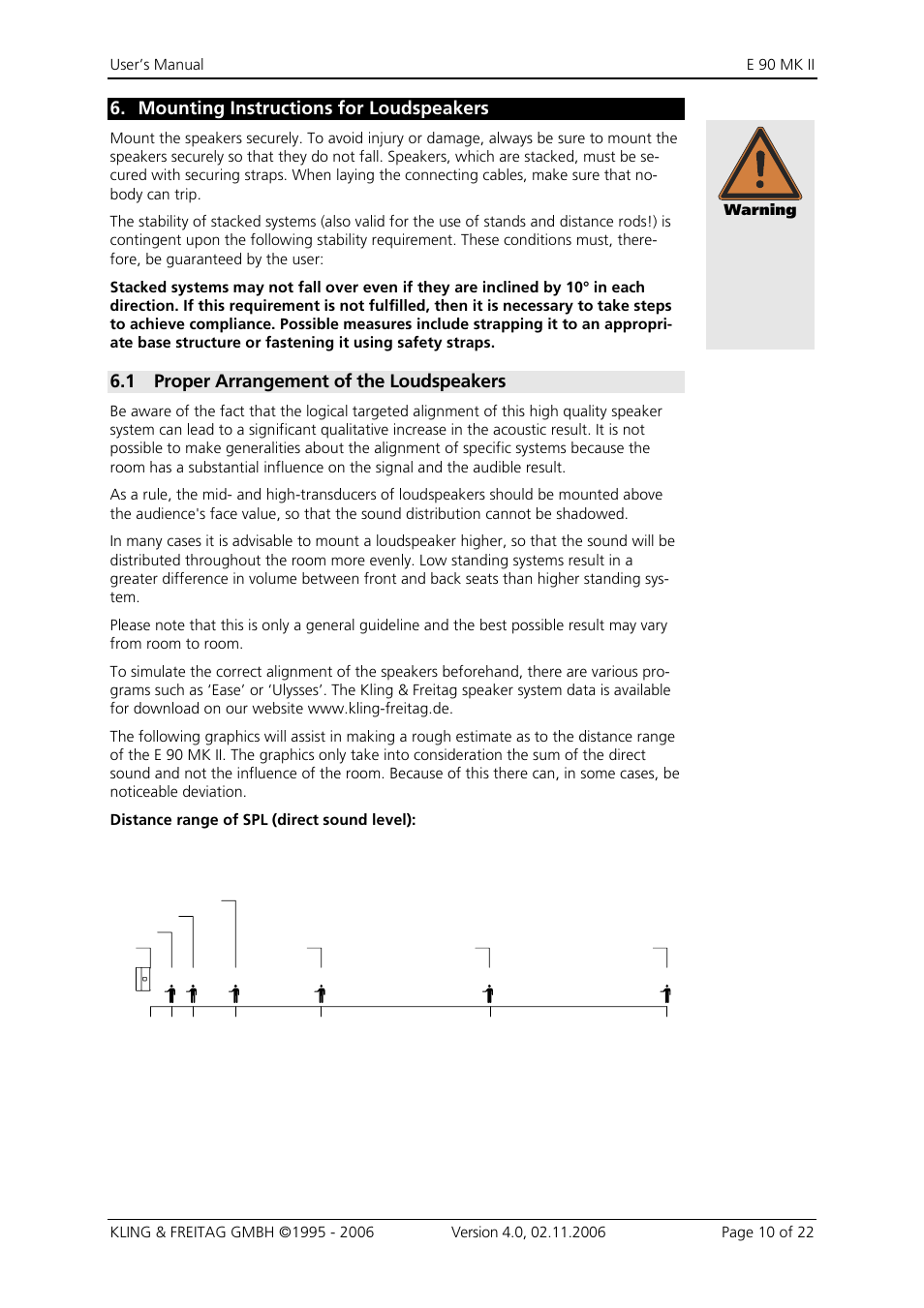 6 mounting instructions for loudspeakers, 1 proper arrangement of the loudspeakers, Mounting instructions for loudspeakers 10 | Proper arrangement of the loudspeakers 10, Mounting instructions for loudspeakers | KLING & FREITAG K&F E 90 MK II User Manual | Page 10 / 22