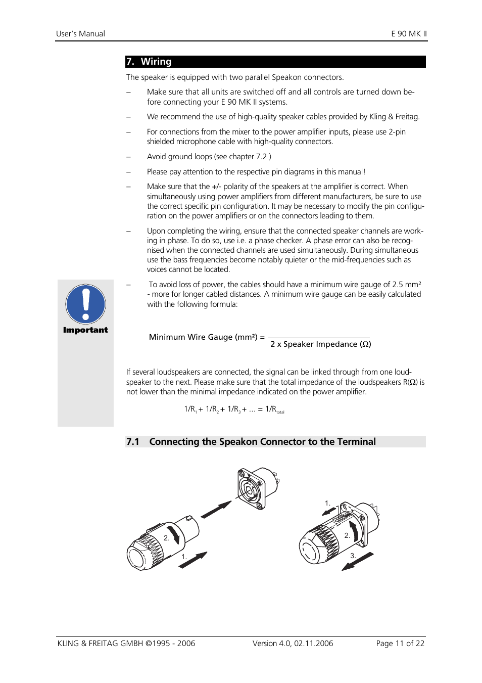 7 wiring, 1 connecting the speakon connector to the terminal, Wiring 11 | Connecting the speakon connector to the terminal, Wiring | KLING & FREITAG K&F E 90 MK II User Manual | Page 11 / 22