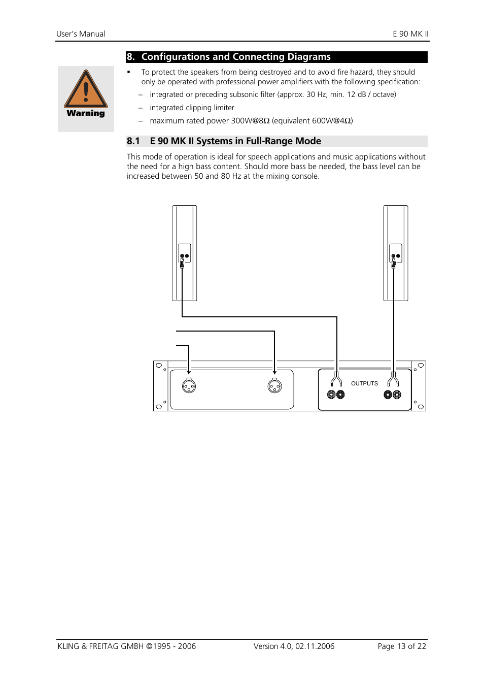 8 configurations and connecting diagrams, 1 e 90 mk ii systems in full-range mode, Configurations and connecting diagrams | E 90 mk ii systems in full-range mode | KLING & FREITAG K&F E 90 MK II User Manual | Page 13 / 22