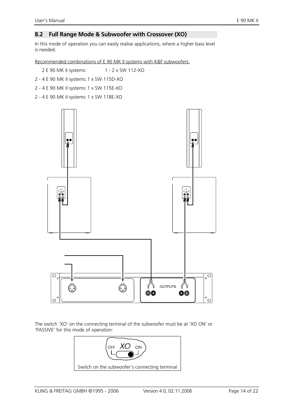 2 full range mode & subwoofer with crossover (xo), Full range mode & subwoofer with crossover (xo) | KLING & FREITAG K&F E 90 MK II User Manual | Page 14 / 22