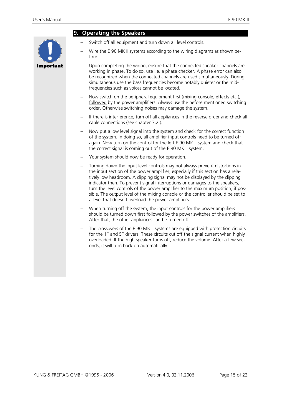 9 operating the speakers, Operating the speakers | KLING & FREITAG K&F E 90 MK II User Manual | Page 15 / 22