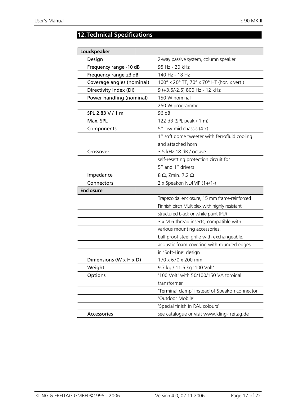 12 technical specifications, Technical specifications | KLING & FREITAG K&F E 90 MK II User Manual | Page 17 / 22