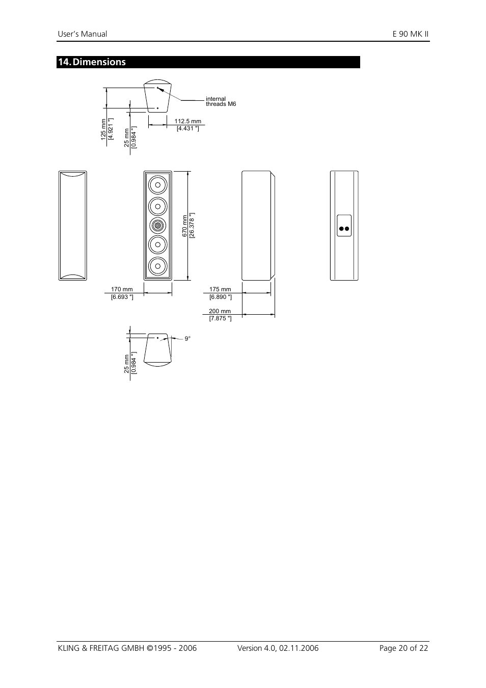 14 dimensions, Dimensions 20, Dimensions | KLING & FREITAG K&F E 90 MK II User Manual | Page 20 / 22