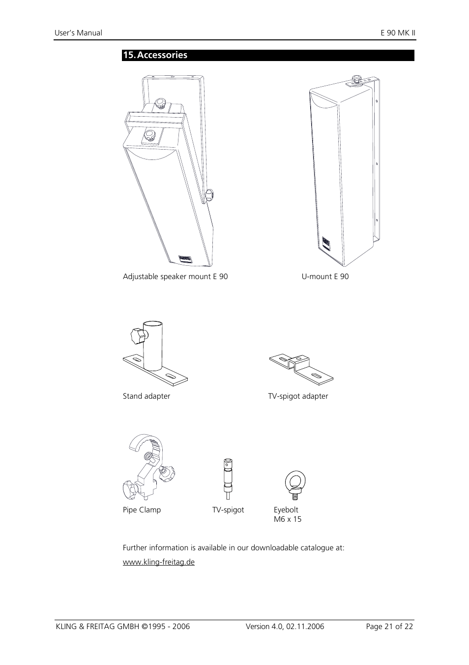 15 accessories, Accessories 21, Accessories | KLING & FREITAG K&F E 90 MK II User Manual | Page 21 / 22