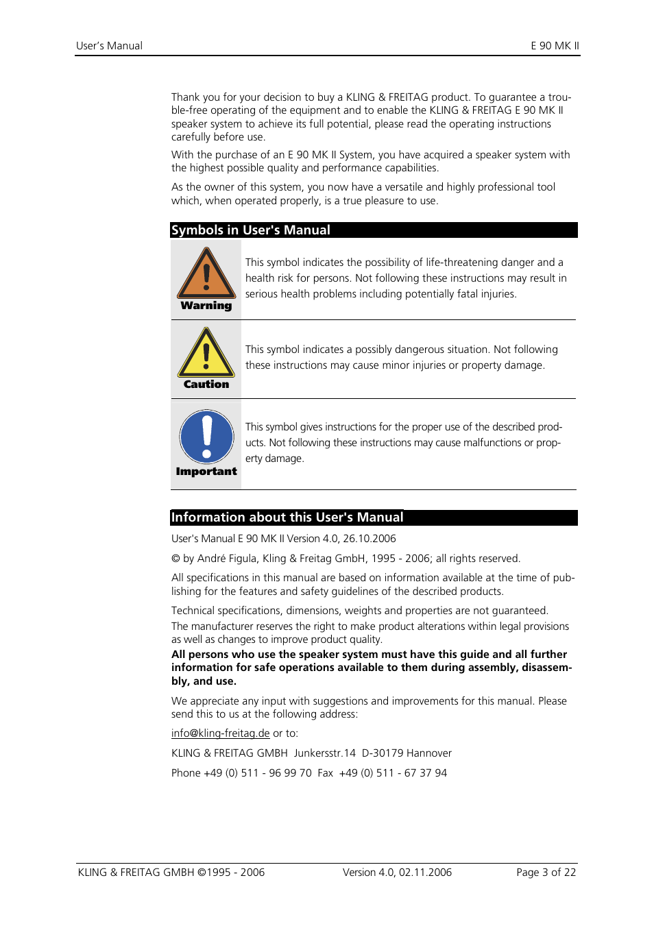 Symbols in user's manual, Information about this user's manual | KLING & FREITAG K&F E 90 MK II User Manual | Page 3 / 22