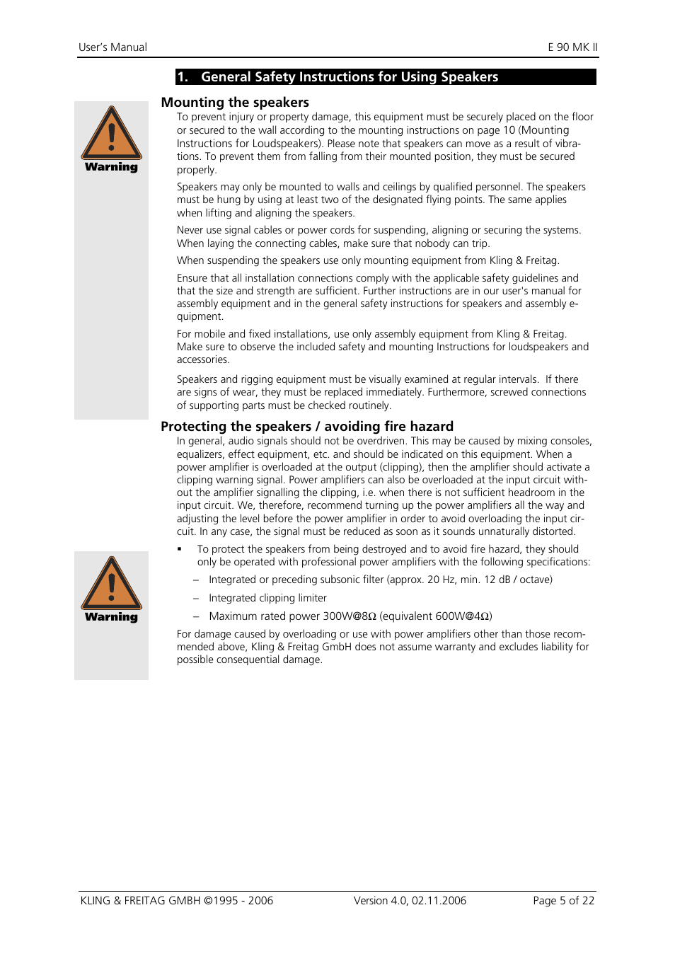 1 general safety instructions for using speakers, General safety instructions for using speakers, Protecting the speakers / avoiding fire hazard | KLING & FREITAG K&F E 90 MK II User Manual | Page 5 / 22