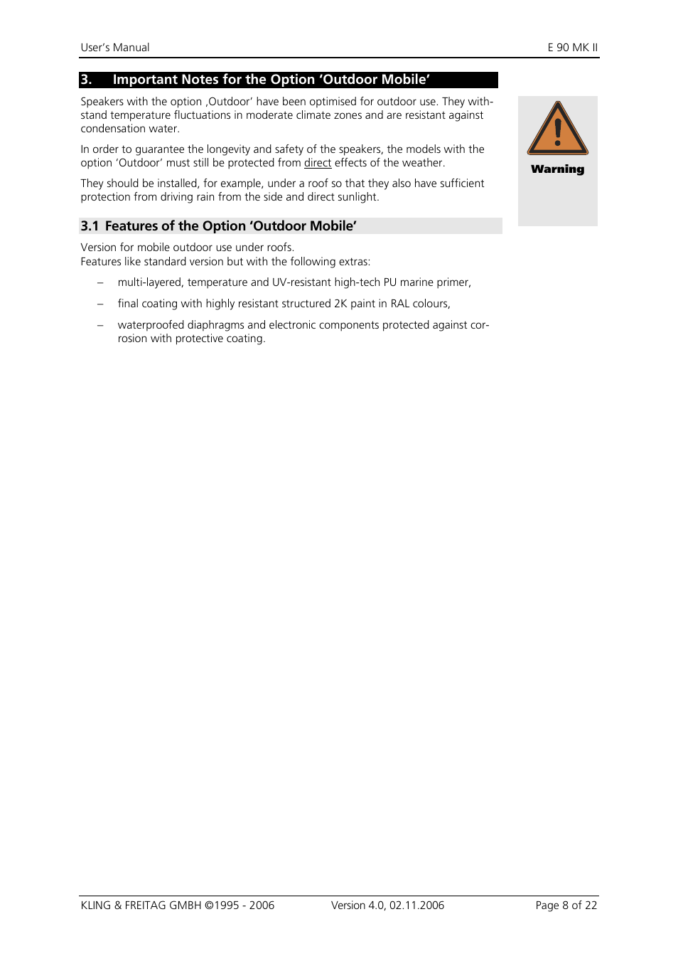 3 important notes for the option 'outdoor mobile, 1 features of the option 'outdoor mobile, Important notes for the option ‘outdoor mobile | Features of the option ‘outdoor mobile | KLING & FREITAG K&F E 90 MK II User Manual | Page 8 / 22