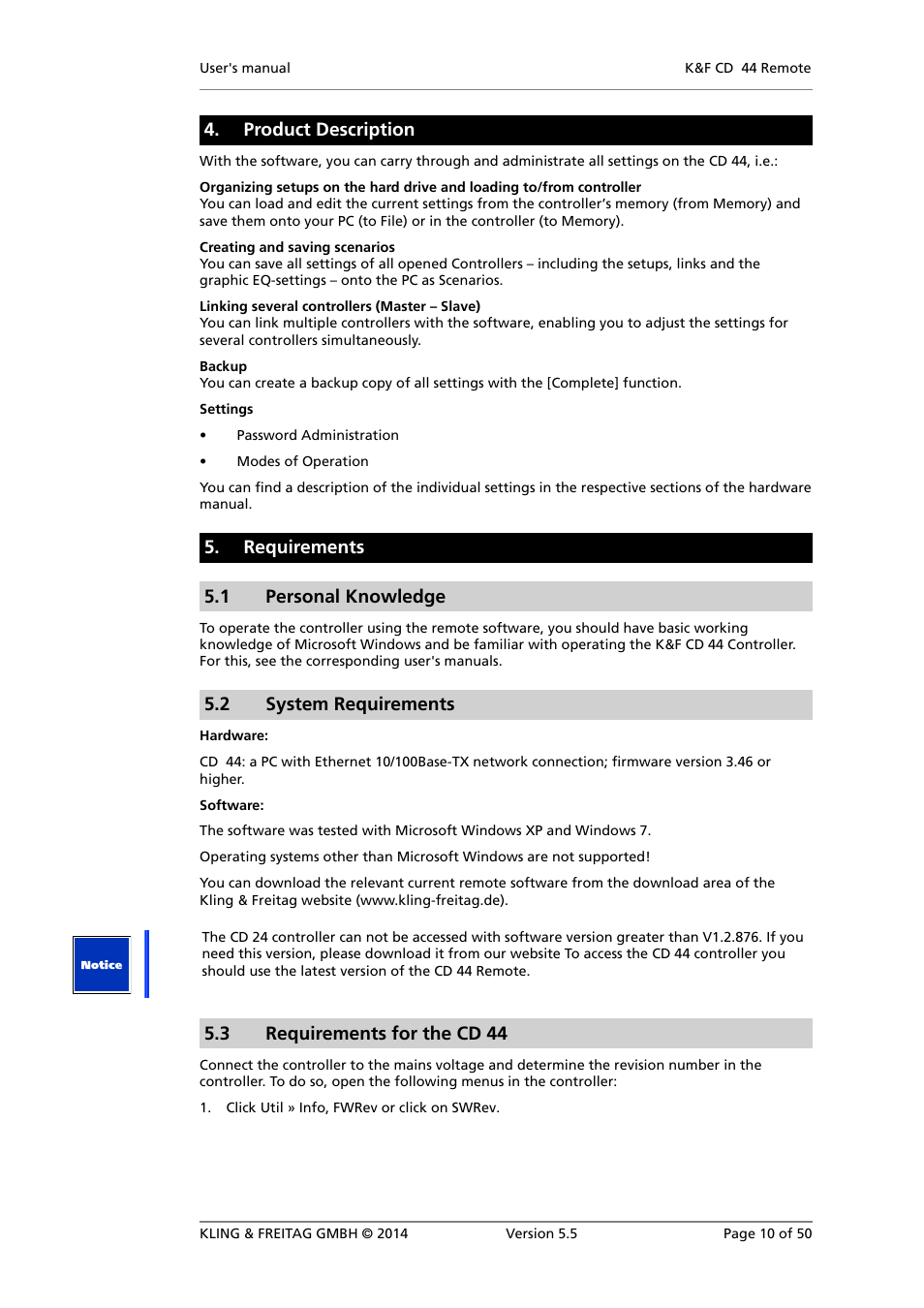 Requirements, Personal knowledge, System requirements | Requirements for the cd 44, Product description, Requirements 5.1 personal knowledge, 2 system requirements, 3 requirements for the cd 44 | KLING & FREITAG K&F CD Remote User Manual | Page 10 / 50