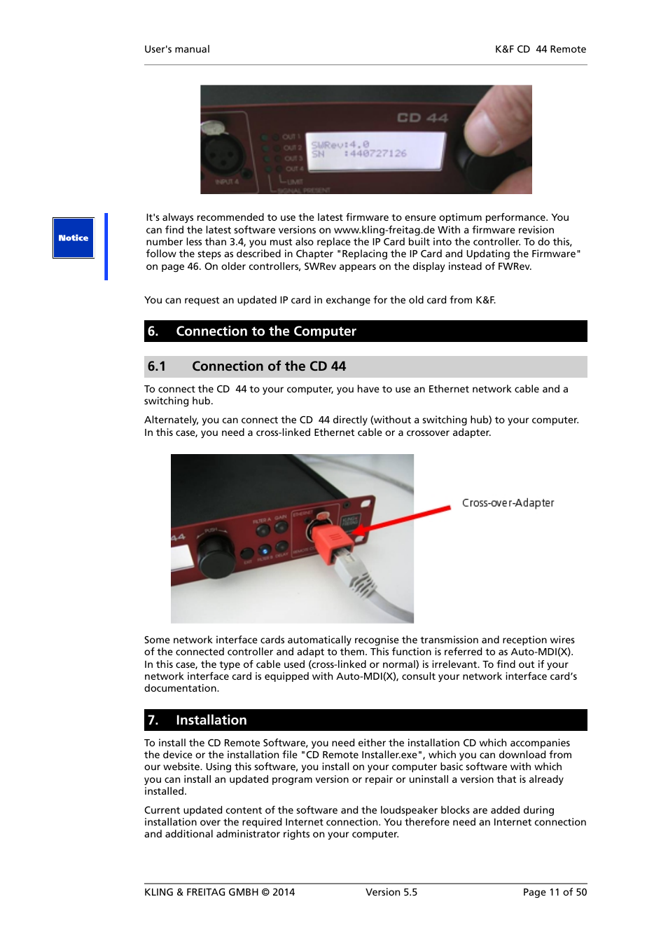 Connection to the computer, Connection of the cd 44, Installation | Offline installer | KLING & FREITAG K&F CD Remote User Manual | Page 11 / 50
