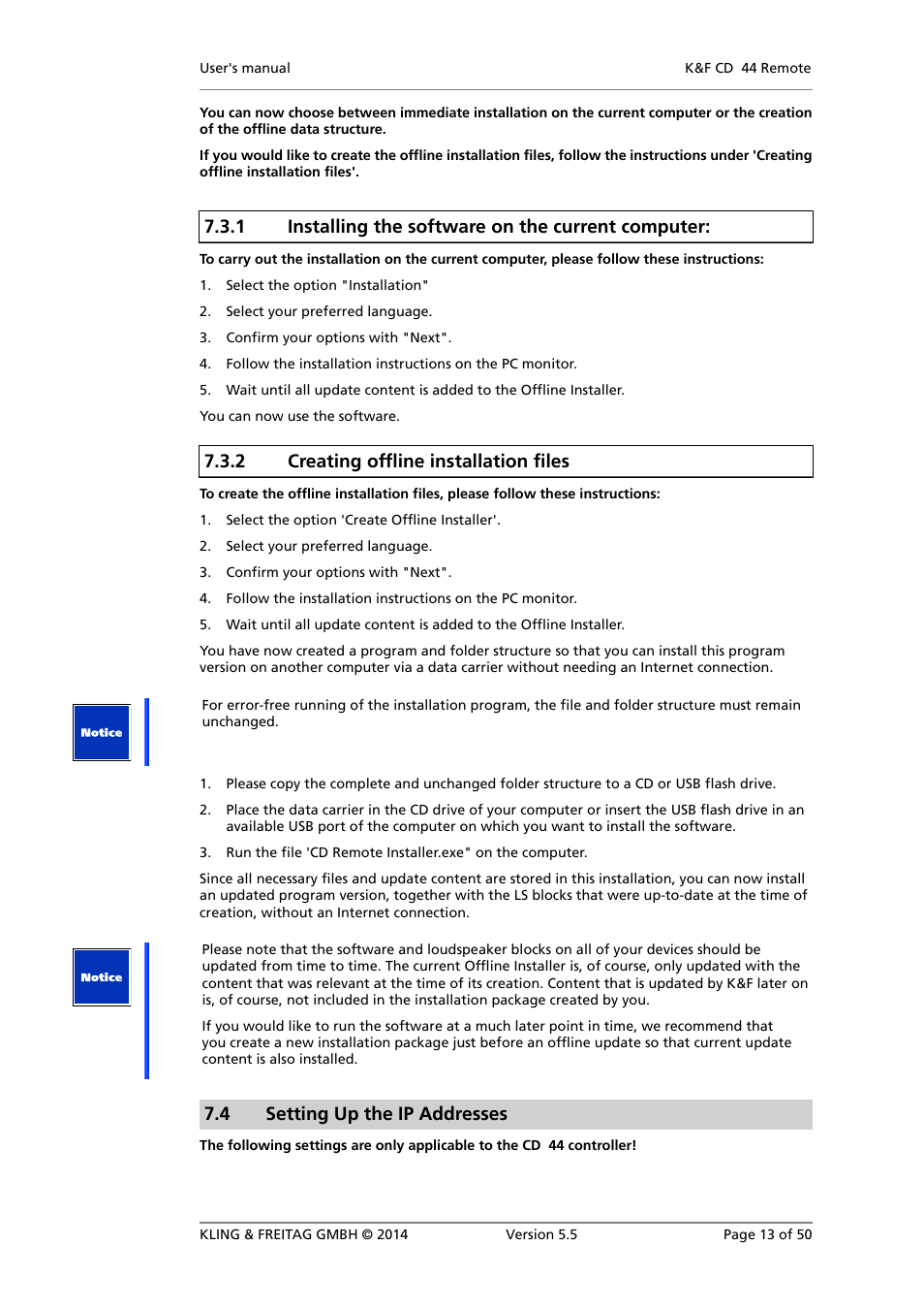 Installing the software on the current computer, Creating offline installation files, Setting up the ip addresses | Setting ip addresses for the pc, 1 installing the software on the current computer, 2 creating offline installation files, 4 setting up the ip addresses | KLING & FREITAG K&F CD Remote User Manual | Page 13 / 50